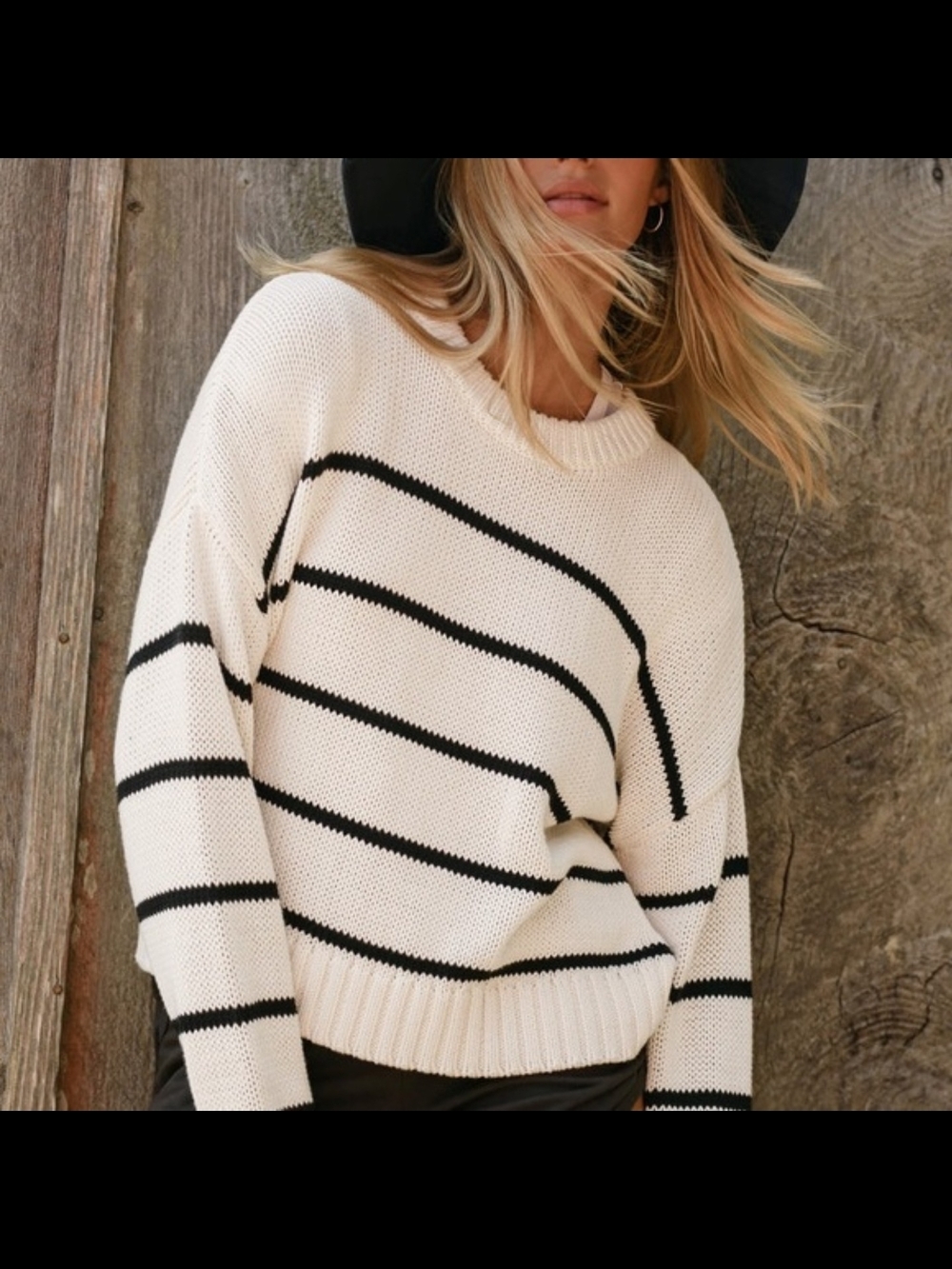 Jenni Kayne Chloe Striped Cotton Crewneck Sweater Cream Black XXL